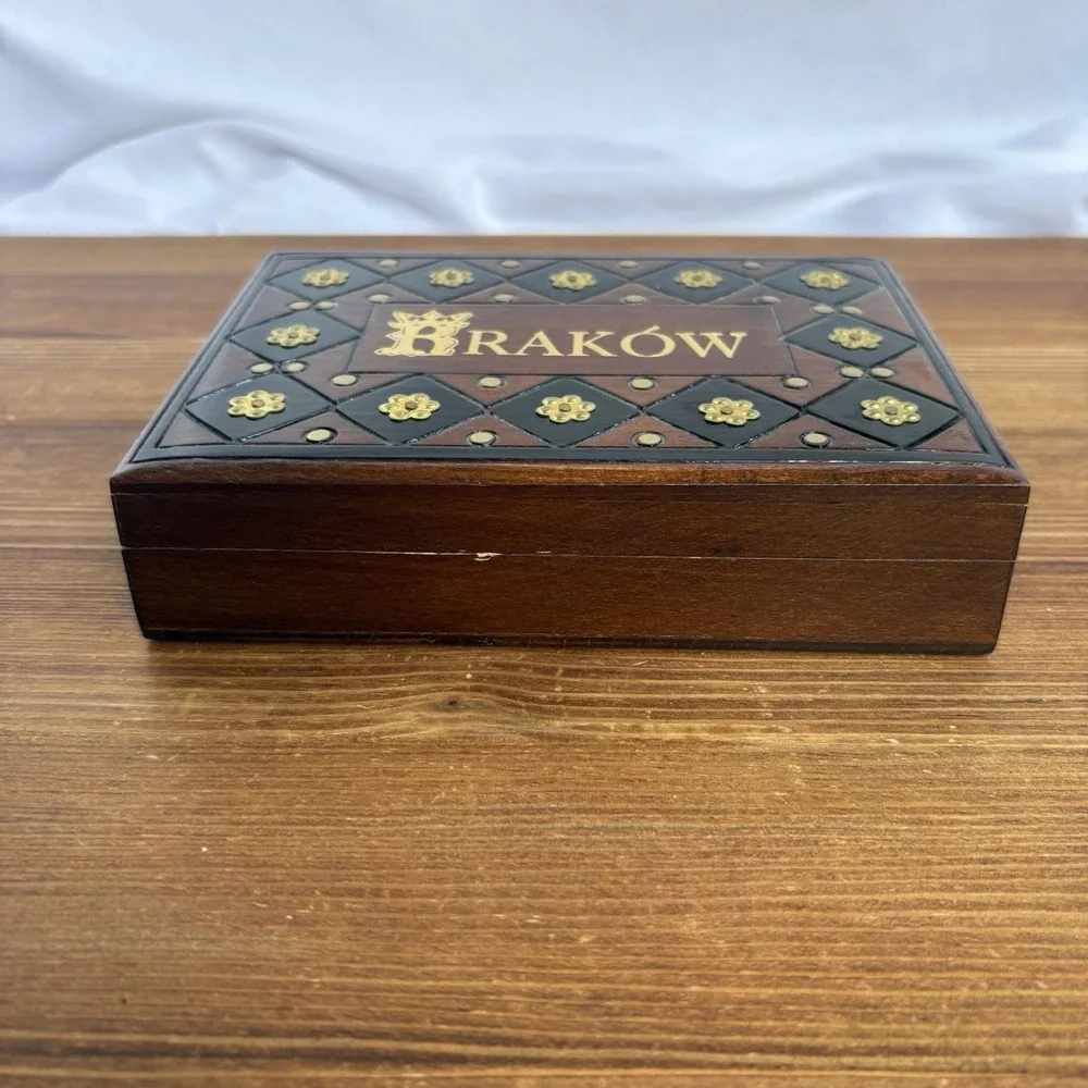 Vintage Kraków Poland Wooden Trinket Jewelry Box Gold Tone Metal Accent Souvenir